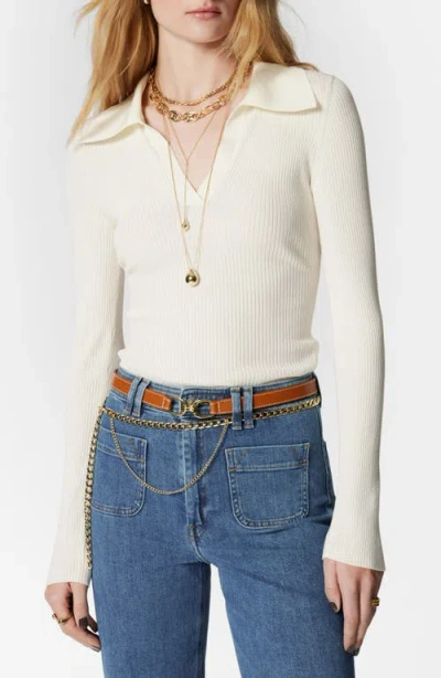 & Other Stories Ribbed Johnny Collar Long Sleeve Polo In White Dusty Light