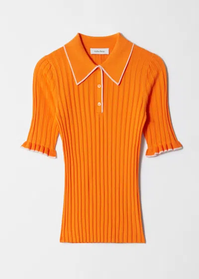 & Other Stories Rib Knit Polo Top With Short Sleeves In Orange