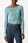 & Other Stories Shimmer Jersey Ribbed Long Sleeve Top With Sweetheart Neck And Ruched Front In Green