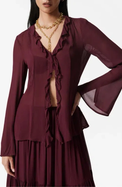 & Other Stories Ruffle Slit Front Semisheer Top In Burgundy