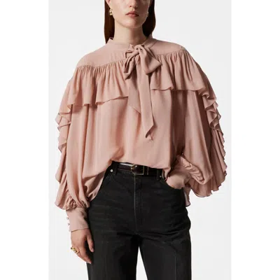 & Other Stories Ruffle Tie Neck Top In Beige Medium Dusty