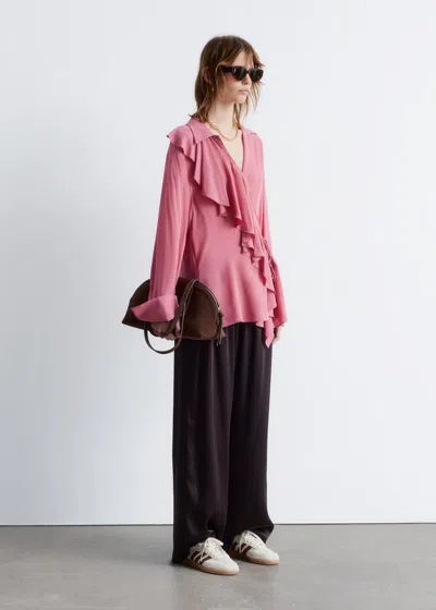 & Other Stories Semi Sheer Blouse With Asymmetric Ruffle In Pink