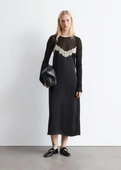 & Other Stories Satin Slip Midi Dress In Black