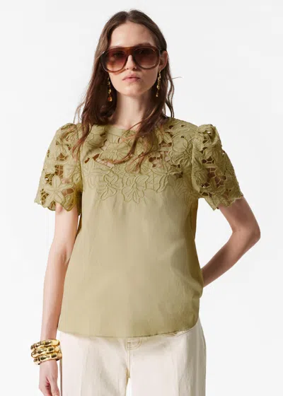 & Other Stories Short-sleeve Floral-embroidery Blouse In Green