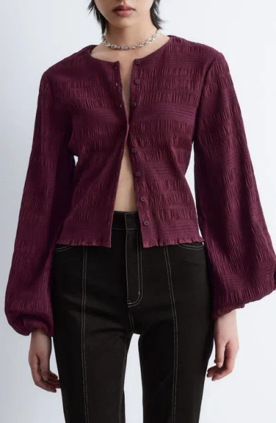 & Other Stories Smocked Balloon Sleeve Button-up Top In Burgundy