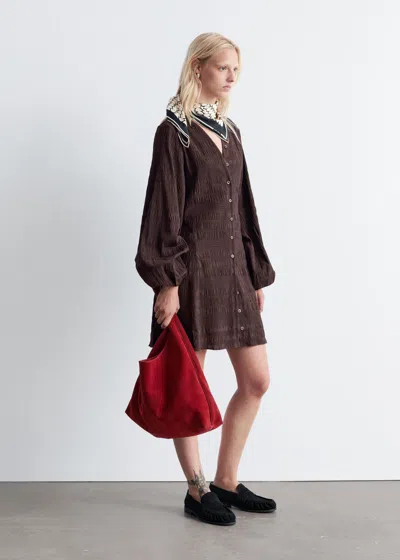 & Other Stories Smocked Balloon-sleeve Mini Dress In Brown