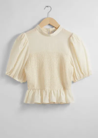 & Other Stories Smocked Peplum Blouse In White