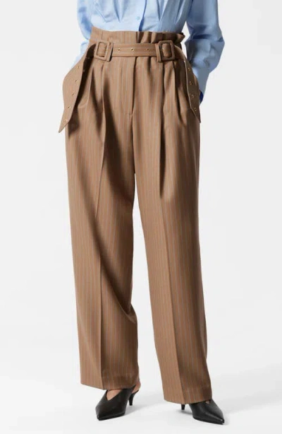 & Other Stories Tailored Stripe Belted Paperbag Waist Wool Trousers In Beige Dark