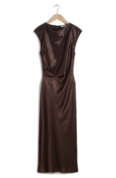& Other Stories Tania Cap Sleeve Satin Midi Dress In Brown Dark