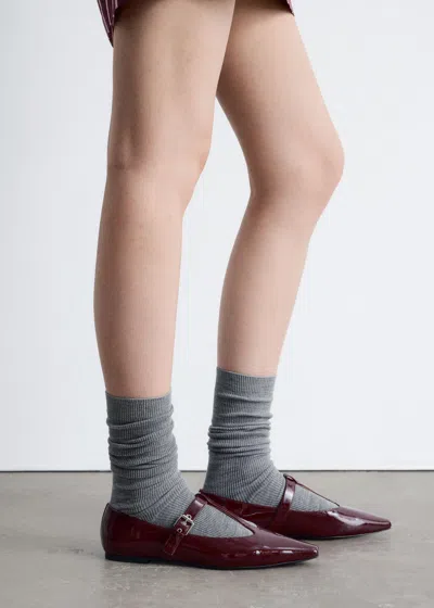 & Other Stories Premium Leather T-bar Ballerina Ballet Shoes With Suede Lining In Burgundy