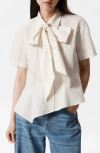 & Other Stories Tie Neck Asymmetric Cotton Button-up Shirt In White Dusty Light
