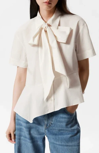 & Other Stories Tie Neck Asymmetric Cotton Button-up Shirt In White Dusty Light