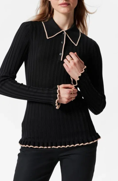 & Other Stories Tipped Ribbed Ruffle Trim Polo Sweater In Black