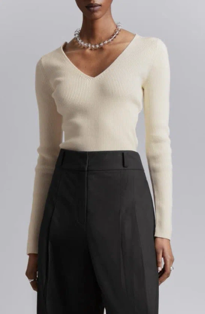 & Other Stories V-neck Rib Wool Blend Sweater In White Dusty Light