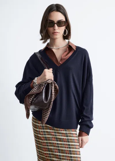 & Other Stories V-neck Merino Wool Jumper In Blue