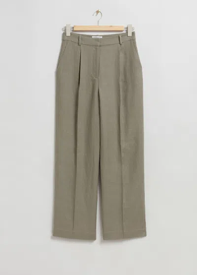 & Other Stories Wide Linen Trousers In Green