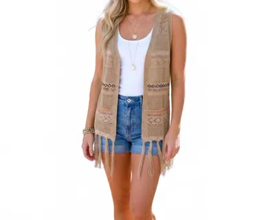 And The Why Boho Crochet Fringe Vest In Tan In Brown