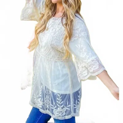 And The Why Boho Floral Embroidered Mesh Tunic Top With Lining In Off White In Blue