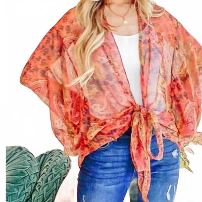 And The Why Boho Front Tie Knot Dolman Sleeve Oversized Print Kimono Top In Rust In Orange