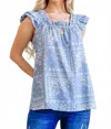 And The Why Boho Print Rayon Linen Ruffle Baby Doll Tank Top In Blue In Blue