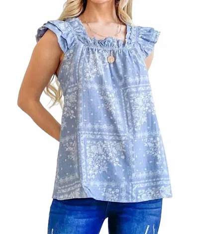 And The Why Boho Print Rayon Linen Ruffle Baby Doll Tank Top In Blue