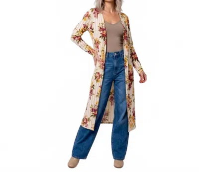 And The Why Boho-chic Floral Stripe Longline Kimono Duster In Multi-tonal Floral Print