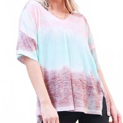 And The Why Cotton Blend Tie Dye V Neck Distressed Casual Top In Pink Multi