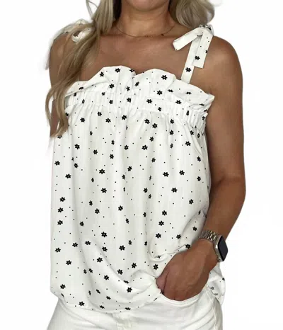 AND THE WHY DAISY POLKA DOT PRINT RUFFLE WITH RIBBON TIED TANK TOP IN WHITE