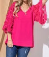 And The Why Feather Detailed 3/4 Sleeve Slub Top In Fuchsia