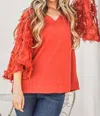 And The Why Feather Detailed 3/4 Sleeve Slub Top In Rust