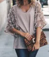 And The Why Feather Detailed 3/4 Sleeve Slub Top In Taupe