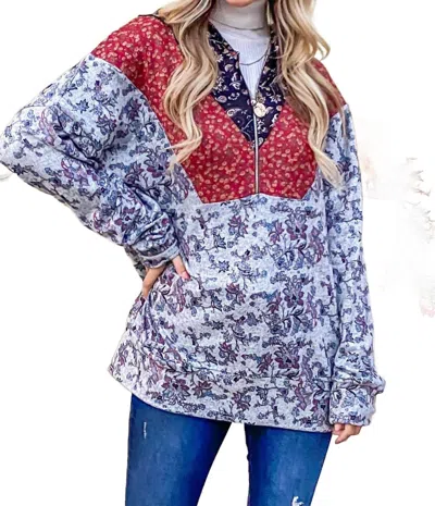 And The Why Floral Half Zip Up Hoodie Sweater In Grey,maroon In Multi