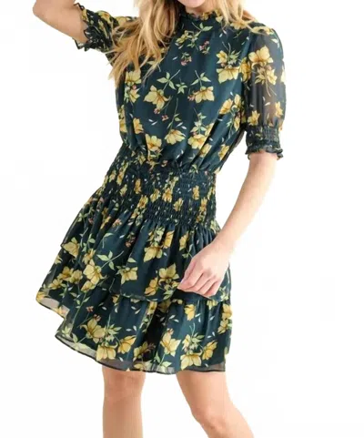And The Why Floral Print Smocked Waist Mini Dress In Hunter Green In Multi