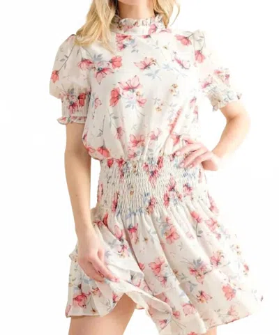 And The Why Floral Print Smocked Waist Mini Dress In Ivory In Multi