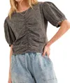 And The Why Give Us Time Shirring Top In Charcoal Grey In Grey