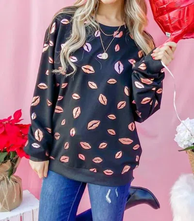 And The Why Kiss Pink Foil Allover Print Pullover Sweatshirts In Black In Blue