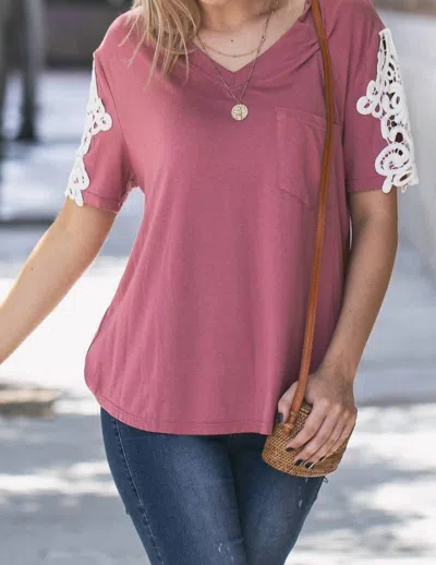 And The Why Lace Sleeve V Neck Pocket Top In Mauve In Multi