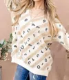 And The Why Leopard Print Faux Fur V Neckline Sweater In Cream In Beige