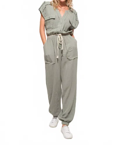 And The Why One More Time Utility Jumpsuit In Olive In Gray