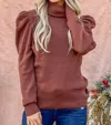 And The Why Puff Shoulder Turtle Neck Sweater Top In Brown