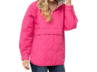 And The Why Quilted Half Zip Up Leopard Detailed Hoodie In Fuchsia In Pink