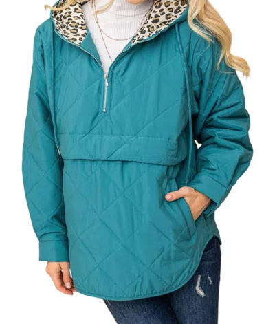 And The Why Quilted Half Zip Up Leopard Detailed Hoodie In Teal In Blue