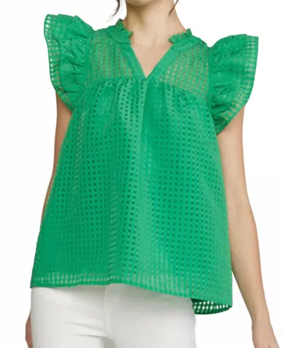And The Why Sheer Gridded Baby Doll Ruffled Top In Green