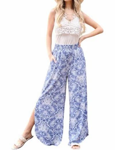 And The Why Smocked Floral Side Slit Pants In Blue