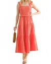 And The Why Smocked Ruffled Tiered Midi Dress In Coral In Pink