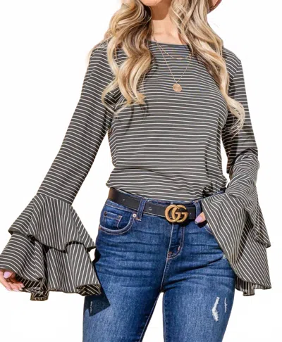 And The Why Striped Double Bell Top In Dark Olive In Multi