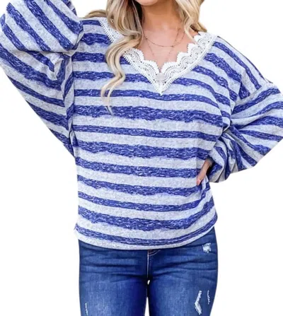 And The Why Striped Lace Detail V Neck Top In Blue