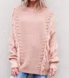 AND THE WHY TIED STRING AND TASSEL SWEATER IN DUSTY ROSE