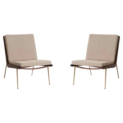 Pre-owned &tradition Pair Of Boomerang Hm1 Lounge Chairs, Oiled Walnut/ Brass/ Karakorum 003 For &t In Brown