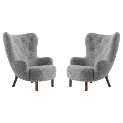 Pre-owned &tradition Pair Of Petra Lounge Chairs By Viggo Boesen In Sheepskin Scandinavian 22& Walnut In Brown